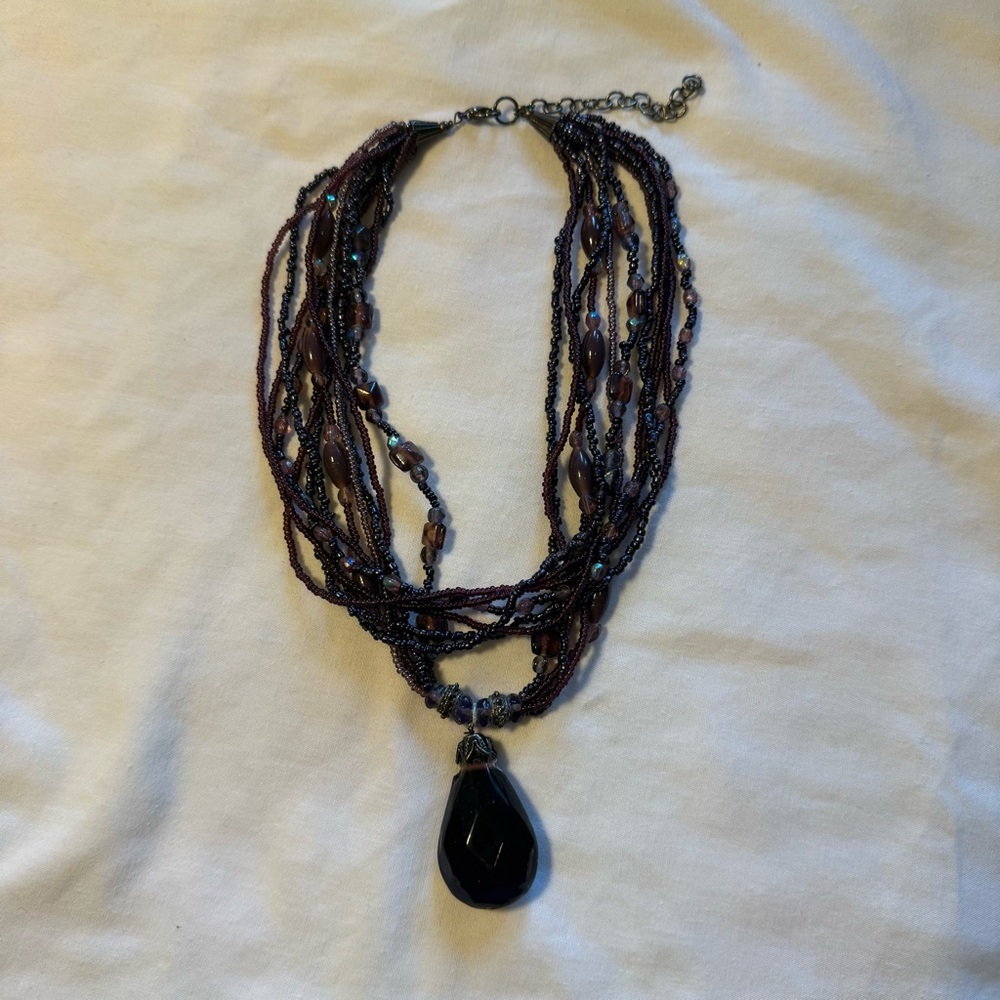Boho Multi-Strand Purple Beaded Necklace w/‎ Large Purple Teardrop Pendant